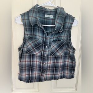 Natural Life Plaid Sleeveless Button Front Crop Top Blue Cotton Size L